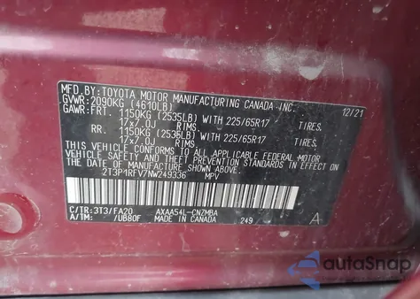 2022 Toyota Rav4 Xle из США, поврежденный, VIN 2T3P1RFV7NW249336